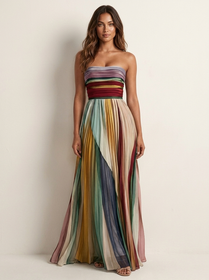 Pleated Strapless Maxi Dress – Multicolor Rainbow Stripe