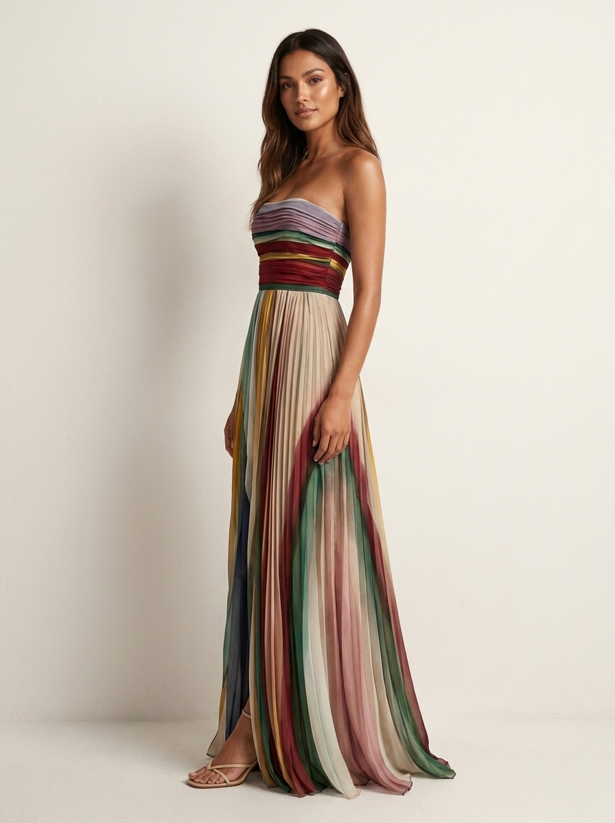 Pleated Strapless Maxi Dress – Multicolor Rainbow Stripe
