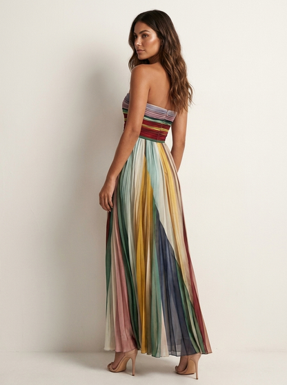 Pleated Strapless Maxi Dress – Multicolor Rainbow Stripe