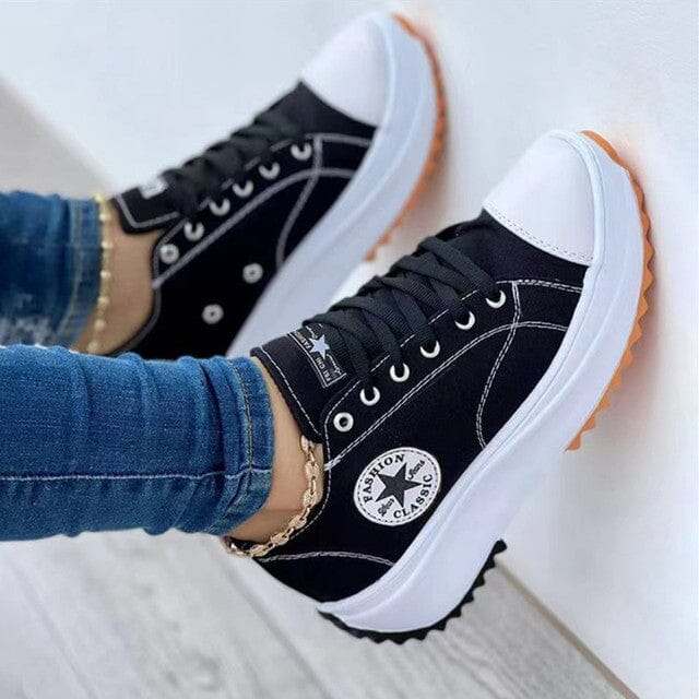 Women's Canvas Platform Sneakers – Lace-Up Low Top Star Patch