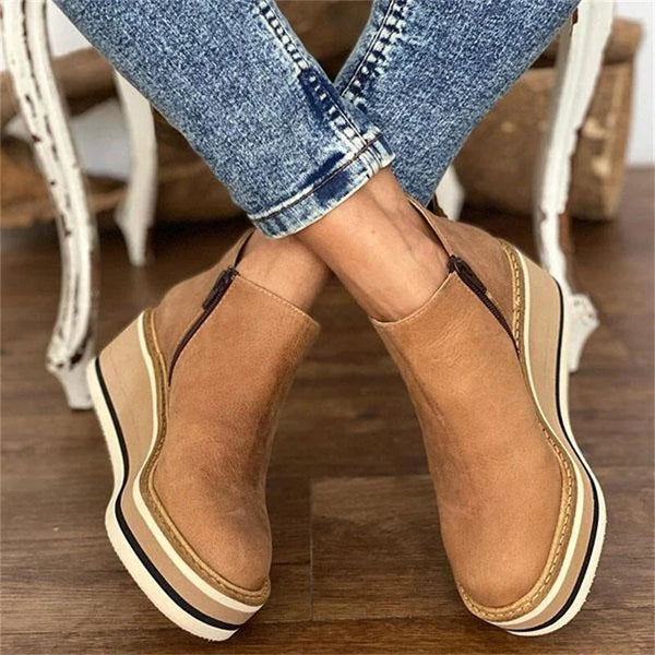 Platform Wedge Ankle Boots – Round Toe Side Zipper Booties