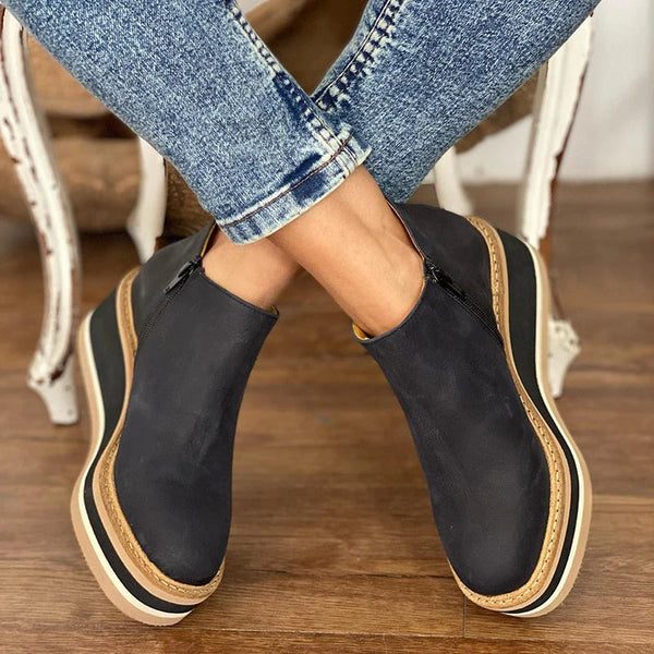 Platform Wedge Ankle Boots – Round Toe Side Zipper Booties