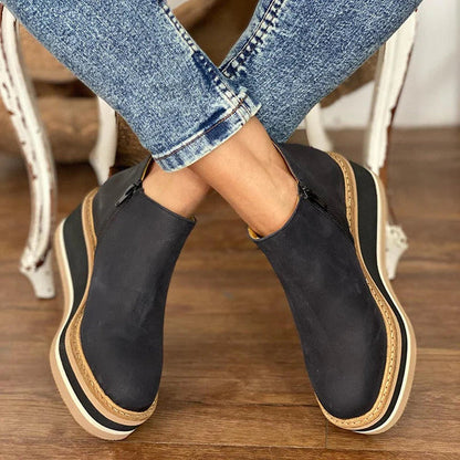 Platform Wedge Ankle Boots – Round Toe Side Zipper Booties