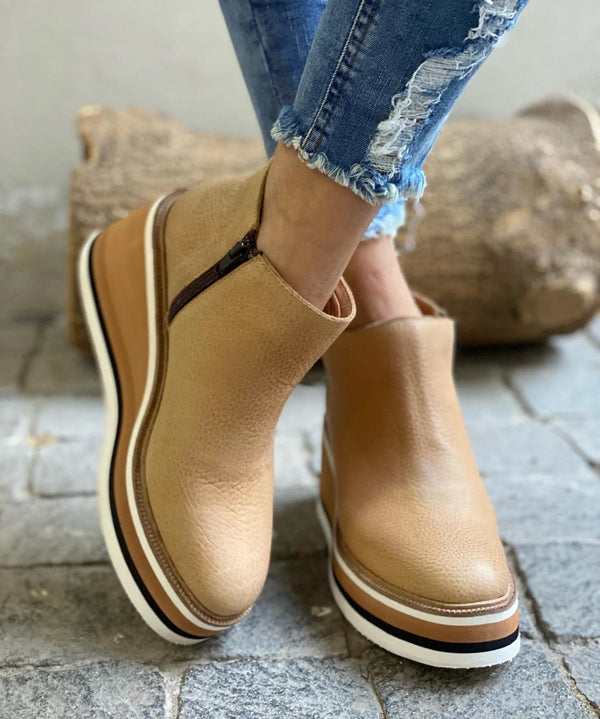 Platform Wedge Ankle Boots – Round Toe Side Zipper Booties