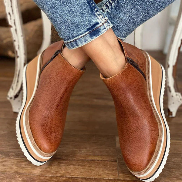 Platform Wedge Ankle Boots – Round Toe Side Zipper Booties