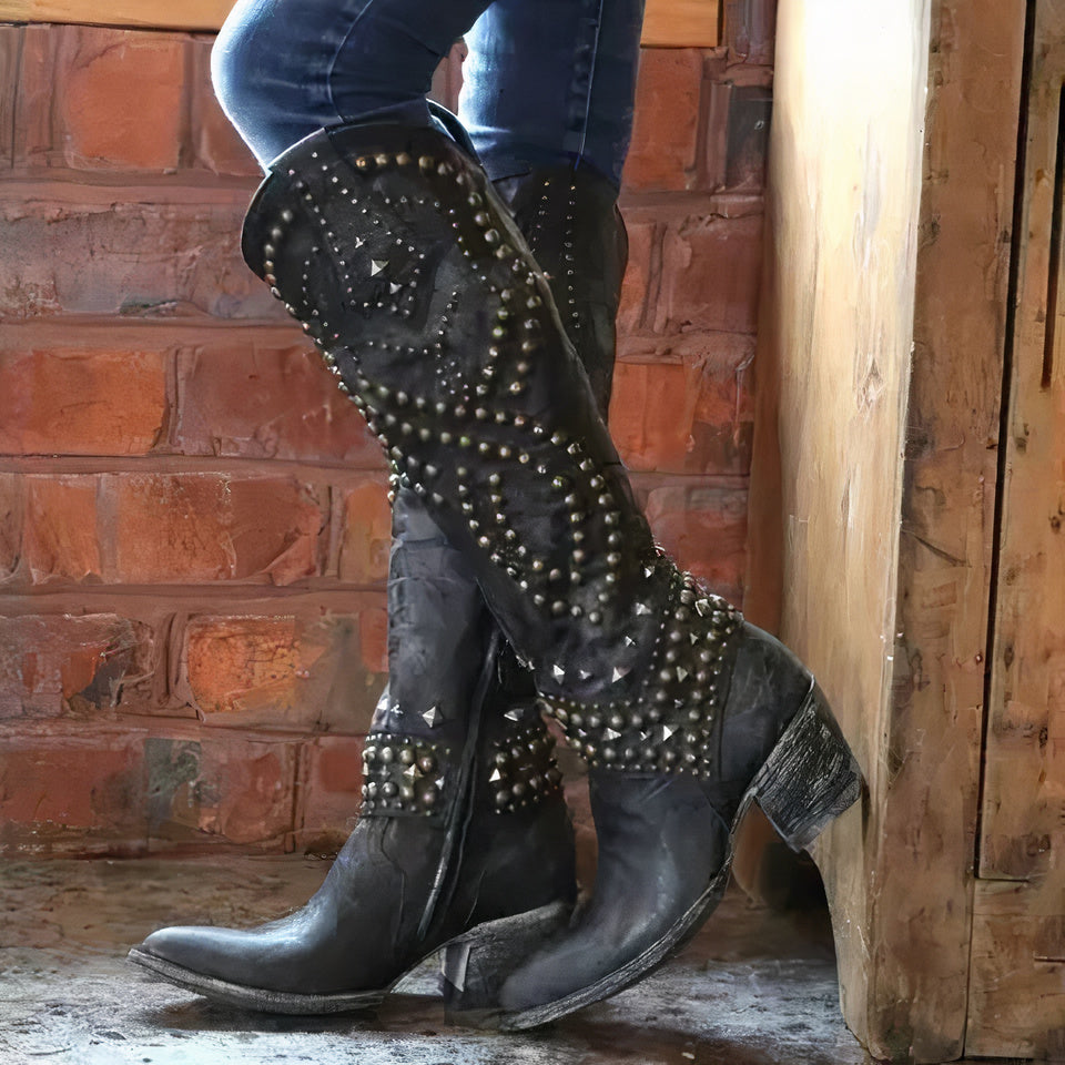 Studded Knee-High Western Boots – Distressed Faux Leather Block Heel