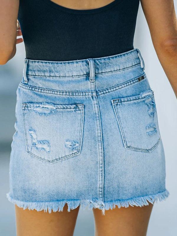 High Waist Frayed Denim Mini Skirt – Ripped Light Wash Jean Skirt