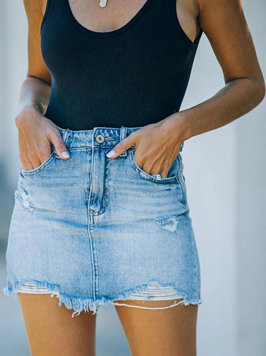 High Waist Frayed Denim Mini Skirt – Ripped Light Wash Jean Skirt