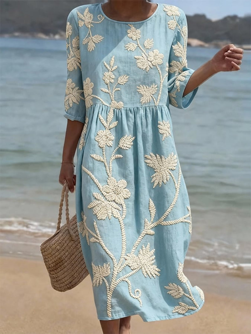 Floral Embroidered Linen Midi Dress – 3/4 Sleeve Boho Summer Dress