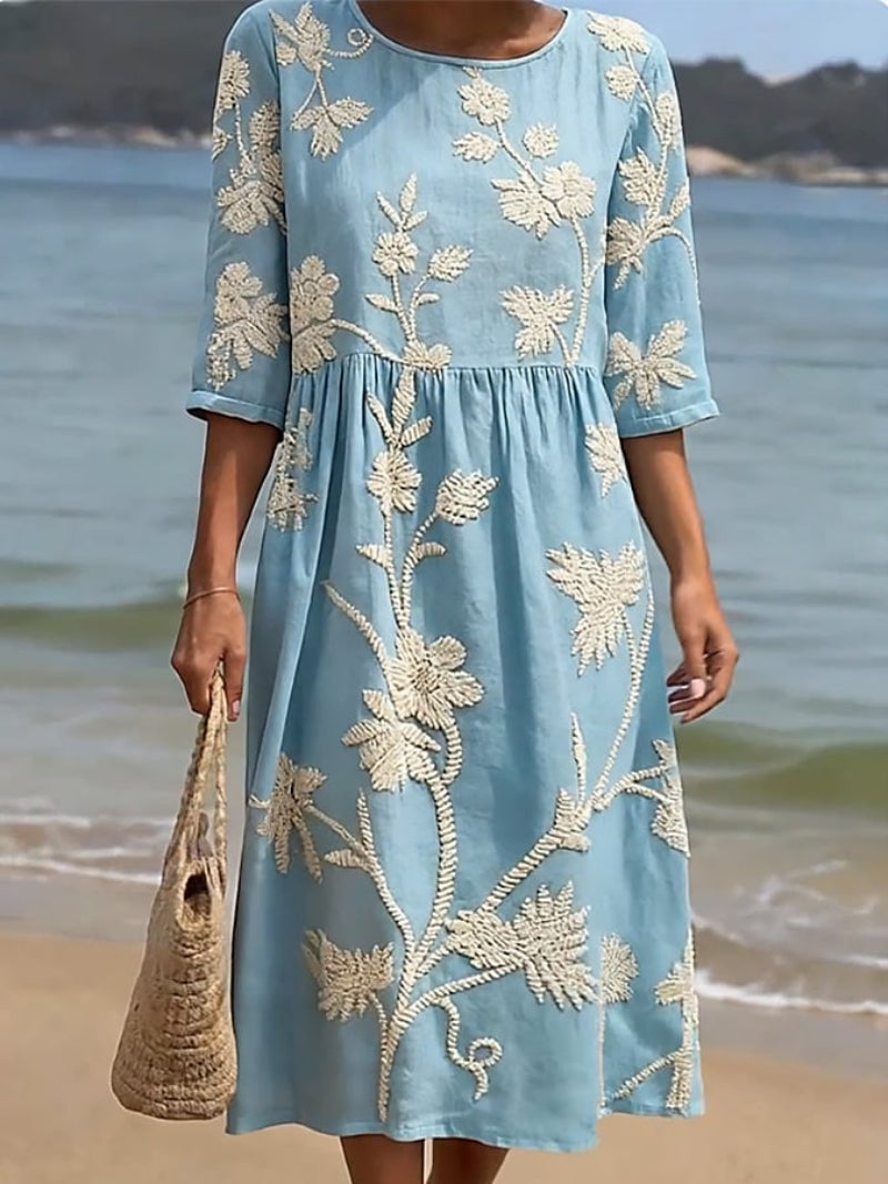 Floral Embroidered Linen Midi Dress – 3/4 Sleeve Boho Summer Dress