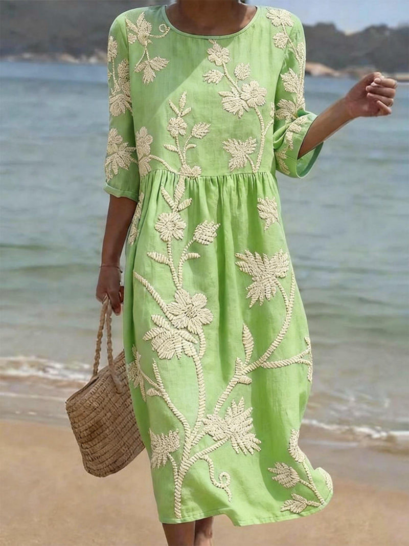 Floral Embroidered Linen Midi Dress – 3/4 Sleeve Boho Summer Dress