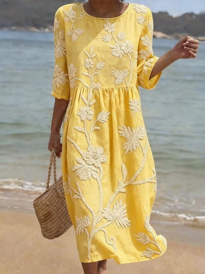 Floral Embroidered Linen Midi Dress – 3/4 Sleeve Boho Summer Dress