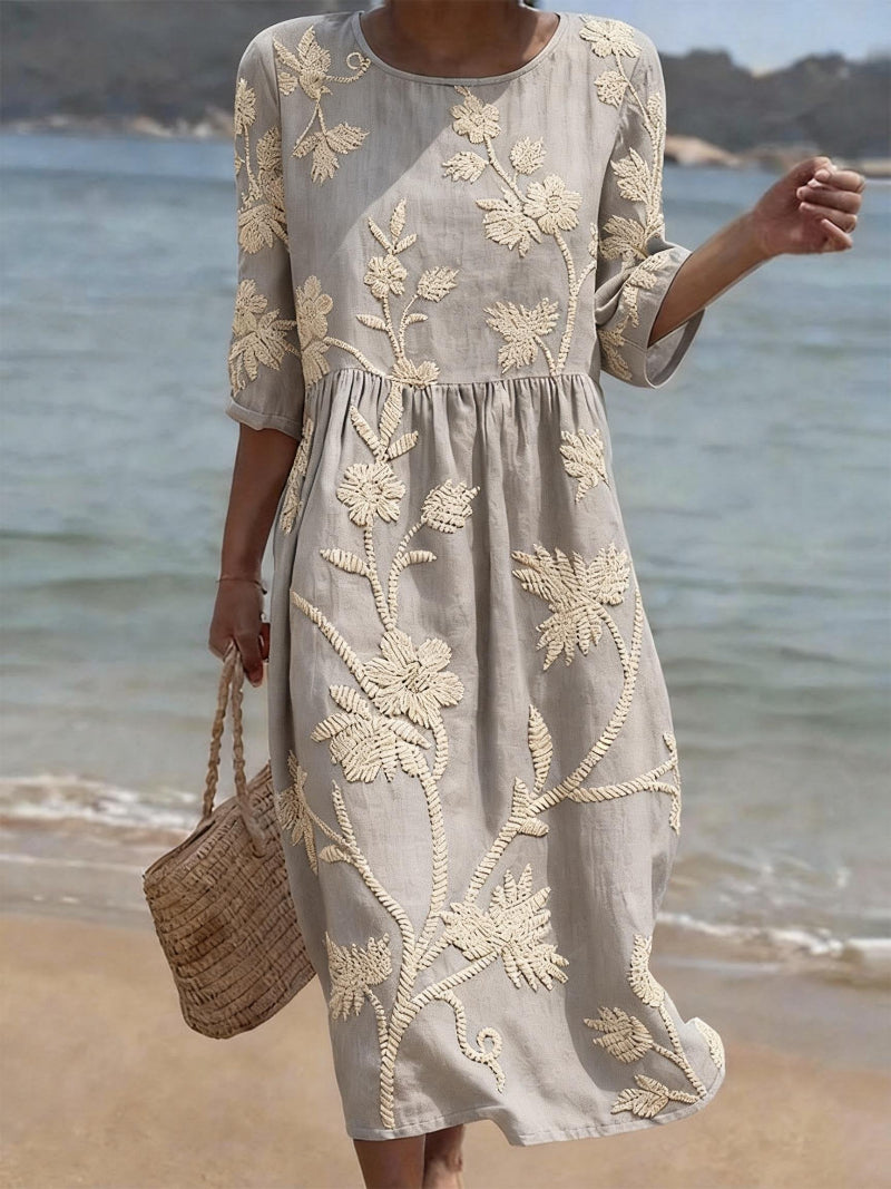 Floral Embroidered Linen Midi Dress – 3/4 Sleeve Boho Summer Dress