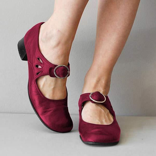 Women's Leather Mary Jane Pumps – Low Block Heel Buckle Strap Shoes