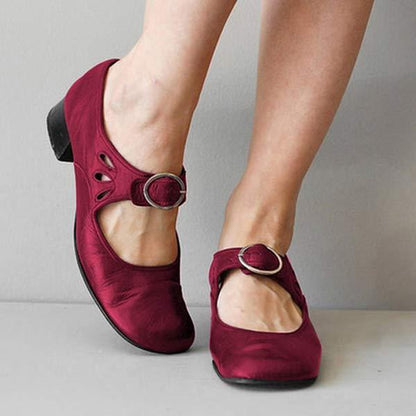 Women's Leather Mary Jane Pumps – Low Block Heel Buckle Strap Shoes
