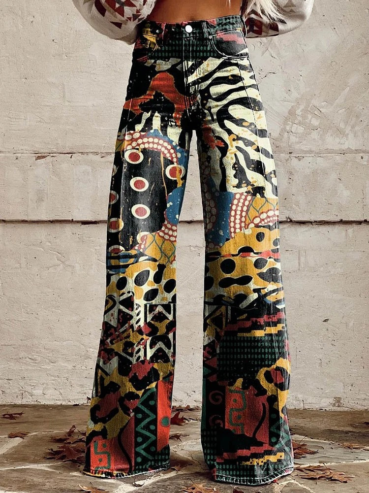 Floral Print High-Waist Wide-Leg Jeans – Retro Flare Full Length