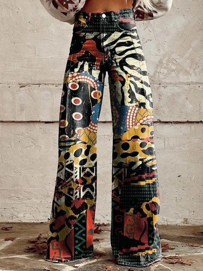 Floral Print High-Waist Wide-Leg Jeans – Retro Flare Full Length