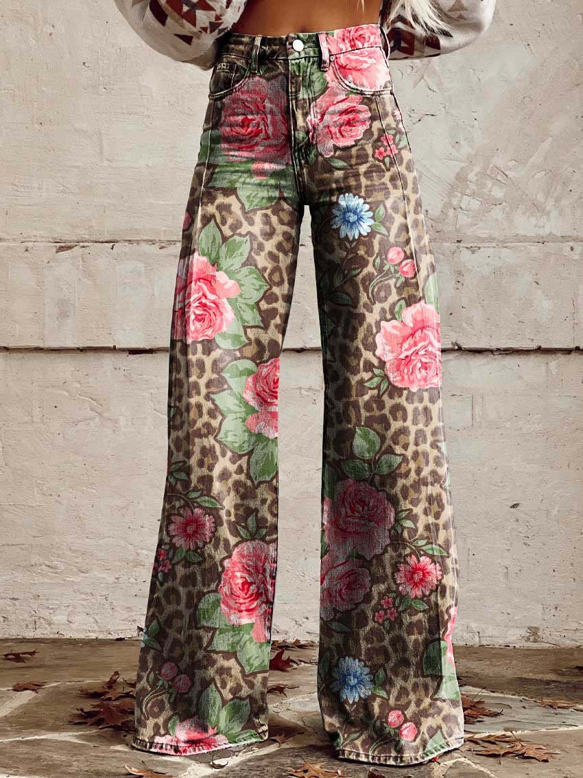 Floral Print High-Waist Wide-Leg Jeans – Retro Flare Full Length