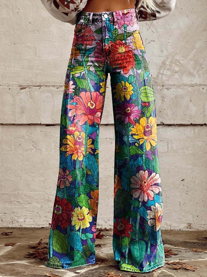 Floral Print High-Waist Wide-Leg Jeans – Retro Flare Full Length