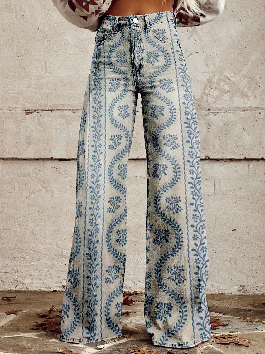 Floral Print High-Waist Wide-Leg Jeans – Retro Flare Full Length