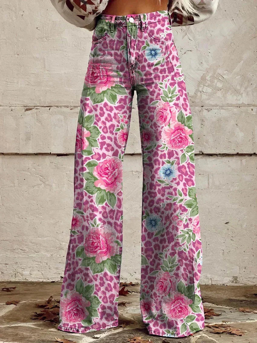 Floral Print High-Waist Wide-Leg Jeans – Retro Flare Full Length