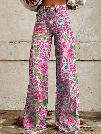 Floral Print High-Waist Wide-Leg Jeans – Retro Flare Full Length
