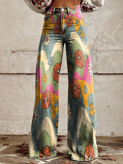 Floral Print High-Waist Wide-Leg Jeans – Retro Flare Full Length