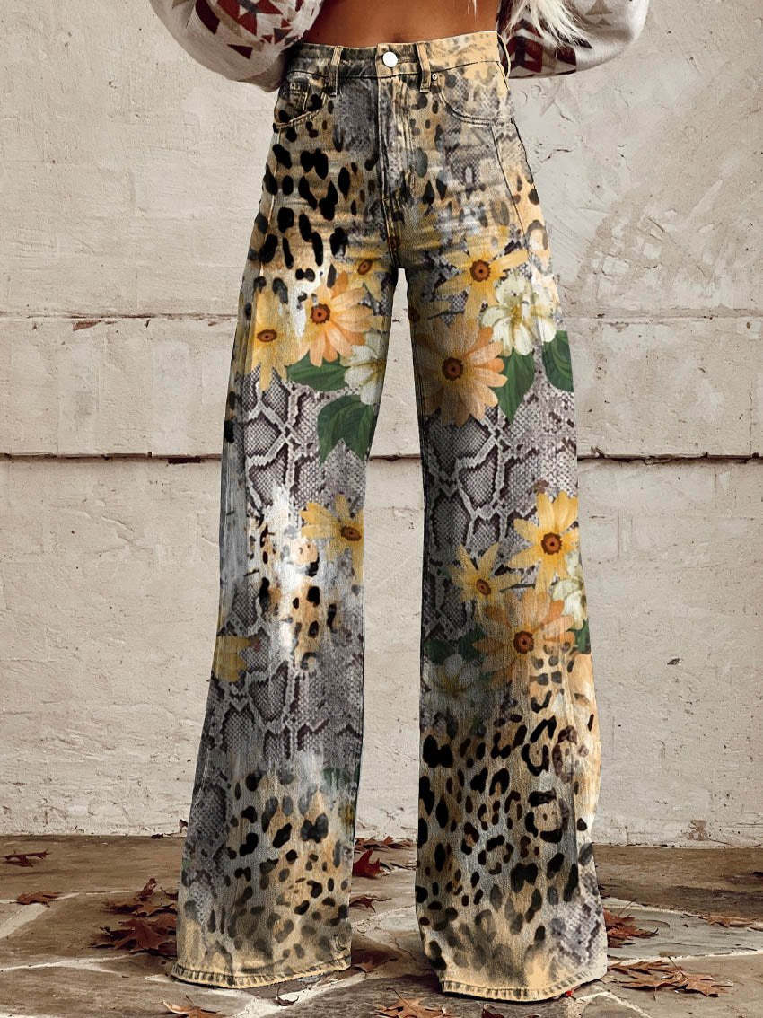 Floral Print High-Waist Wide-Leg Jeans – Retro Flare Full Length