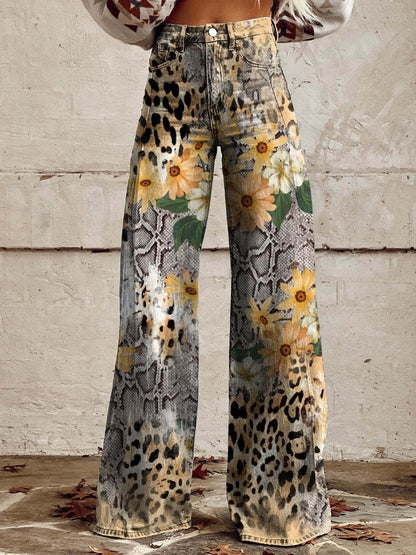 Floral Print High-Waist Wide-Leg Jeans – Retro Flare Full Length
