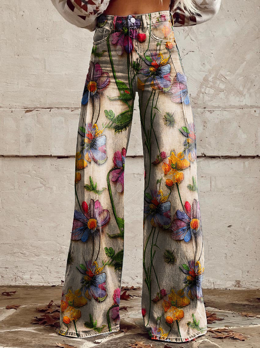 Floral Print High-Waist Wide-Leg Jeans – Retro Flare Full Length