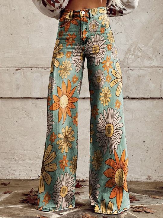 Floral Print High-Waist Wide-Leg Jeans – Retro Flare Full Length
