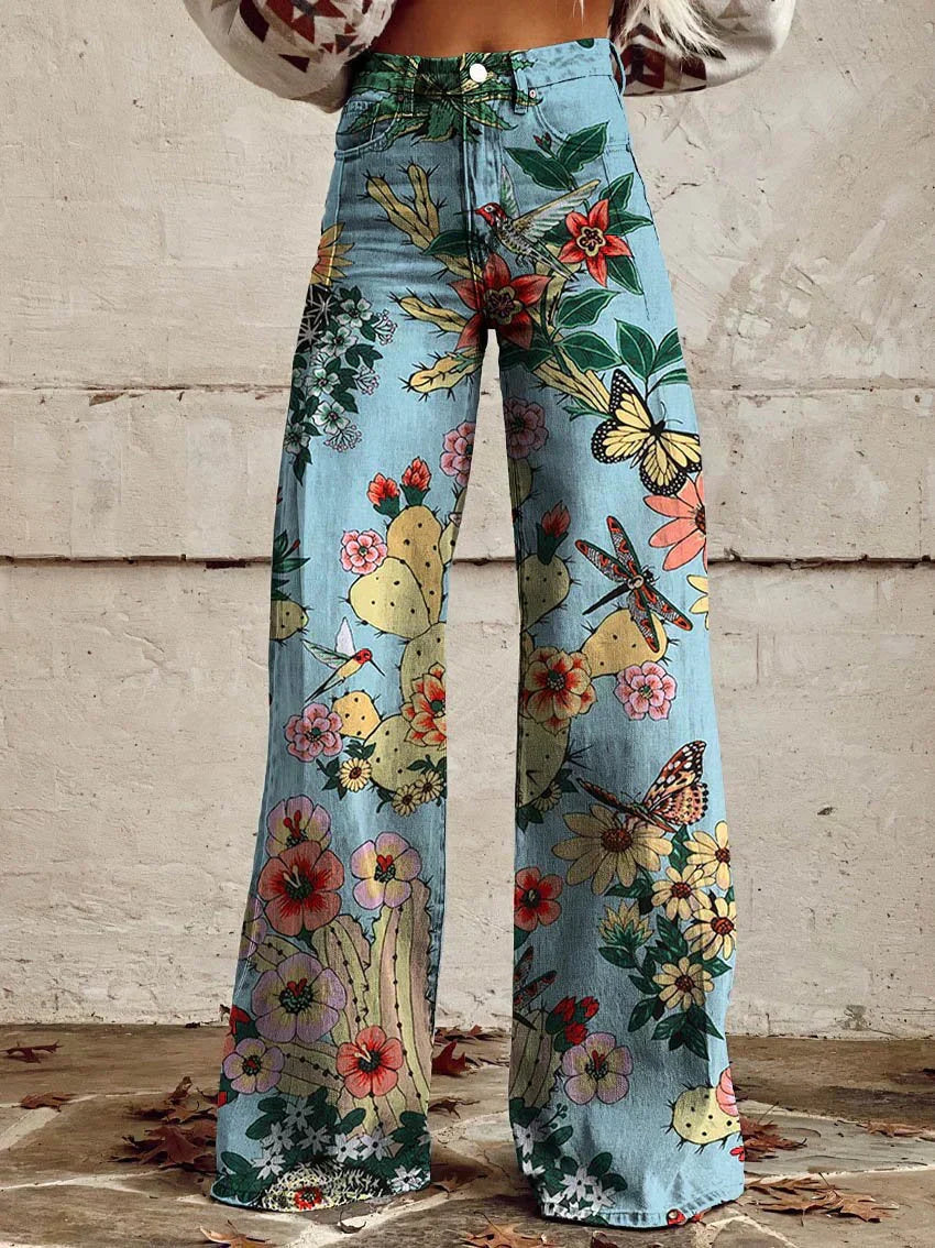 Floral Print High-Waist Wide-Leg Jeans – Retro Flare Full Length