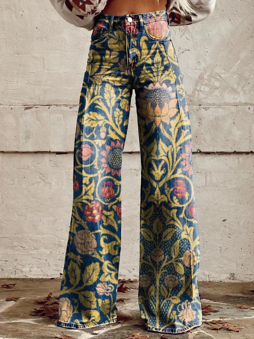 Floral Print High-Waist Wide-Leg Jeans – Retro Flare Full Length