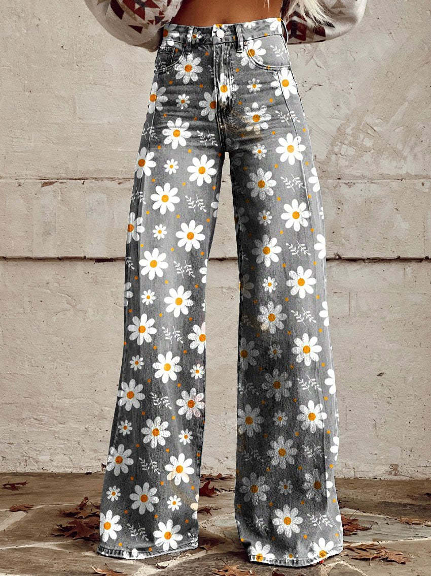 Floral Print High-Waist Wide-Leg Jeans – Retro Flare Full Length