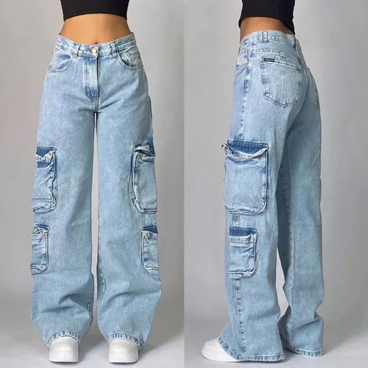 Wide-Leg Cargo Jeans – Baggy Denim Streetwear Multi-Pocket