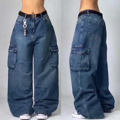 Wide-Leg Cargo Jeans – Baggy Denim Streetwear Multi-Pocket