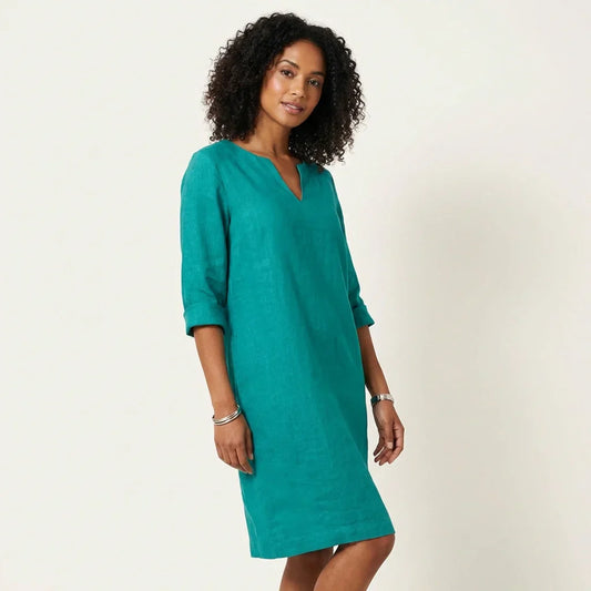Linen Shift Midi Dress – V-Neck 3/4 Sleeve A-Line Relaxed Fit