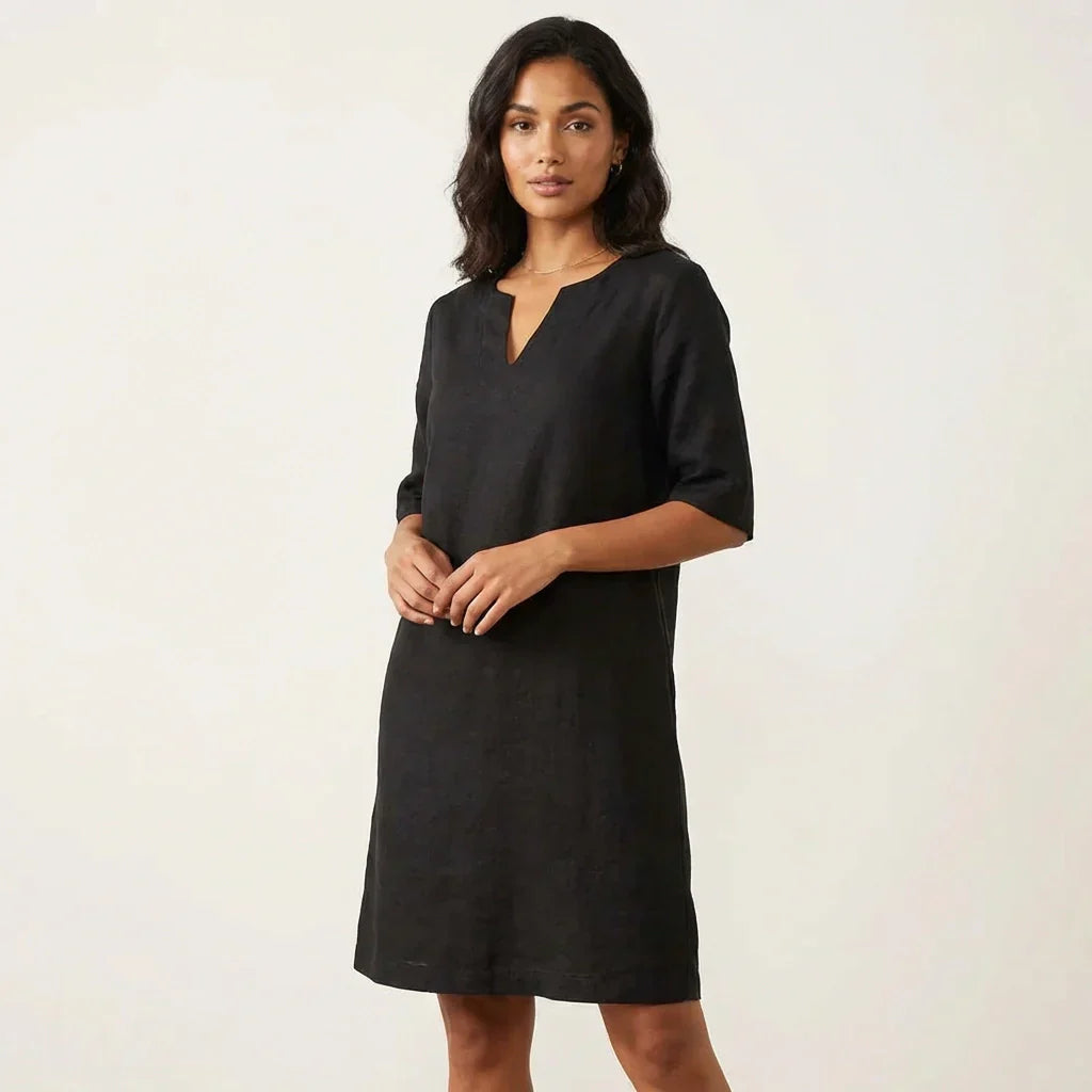 Linen Shift Midi Dress – V-Neck 3/4 Sleeve A-Line Relaxed Fit