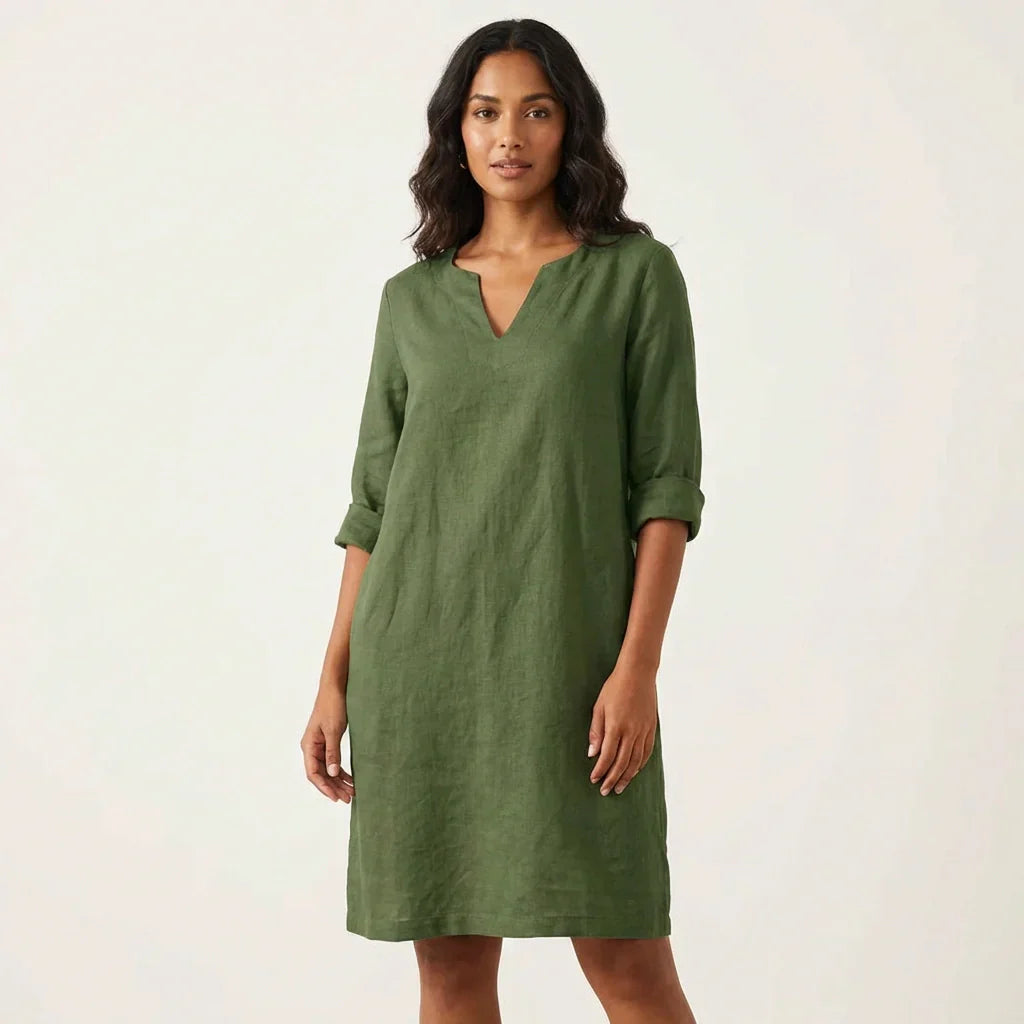 Linen Shift Midi Dress – V-Neck 3/4 Sleeve A-Line Relaxed Fit