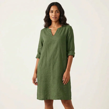 Linen Shift Midi Dress – V-Neck 3/4 Sleeve A-Line Relaxed Fit