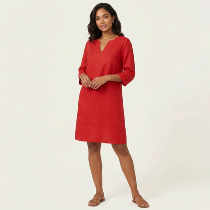 Linen Shift Midi Dress – V-Neck 3/4 Sleeve A-Line Relaxed Fit