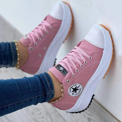 Women's Canvas Platform Sneakers – Lace-Up Low Top Star Patch