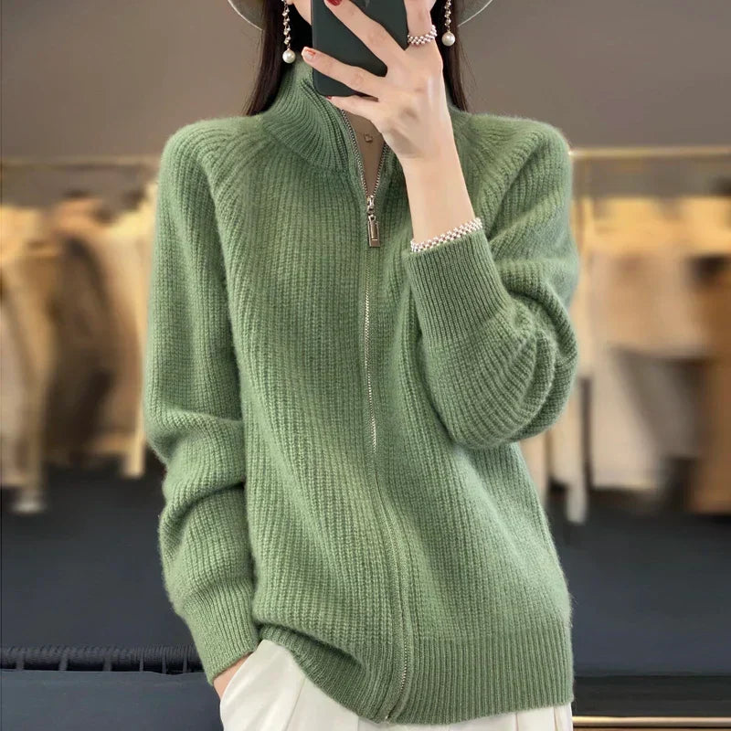 Ribbed Knit Zip-Up Cardigan – Stand Collar Long Sleeve Sweater Jacket