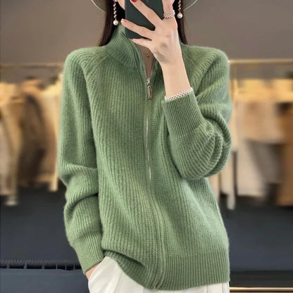Ribbed Knit Zip-Up Cardigan – Stand Collar Long Sleeve Sweater Jacket