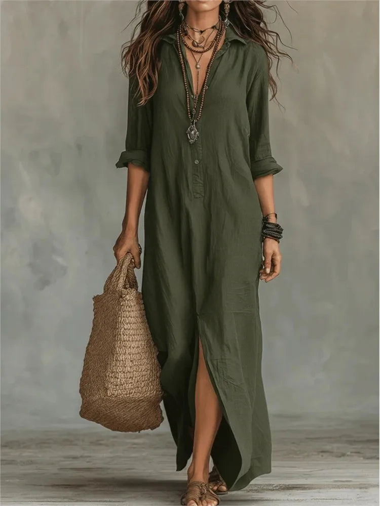olive green boho dress Cotton Linen Maxi Shirt – Loose Button-Front – Elixy Supply quarter sleeves offer easy Luxury Valentines Gifting Size:4XL [+$ 5.99] Black Prom Dresses: Styling