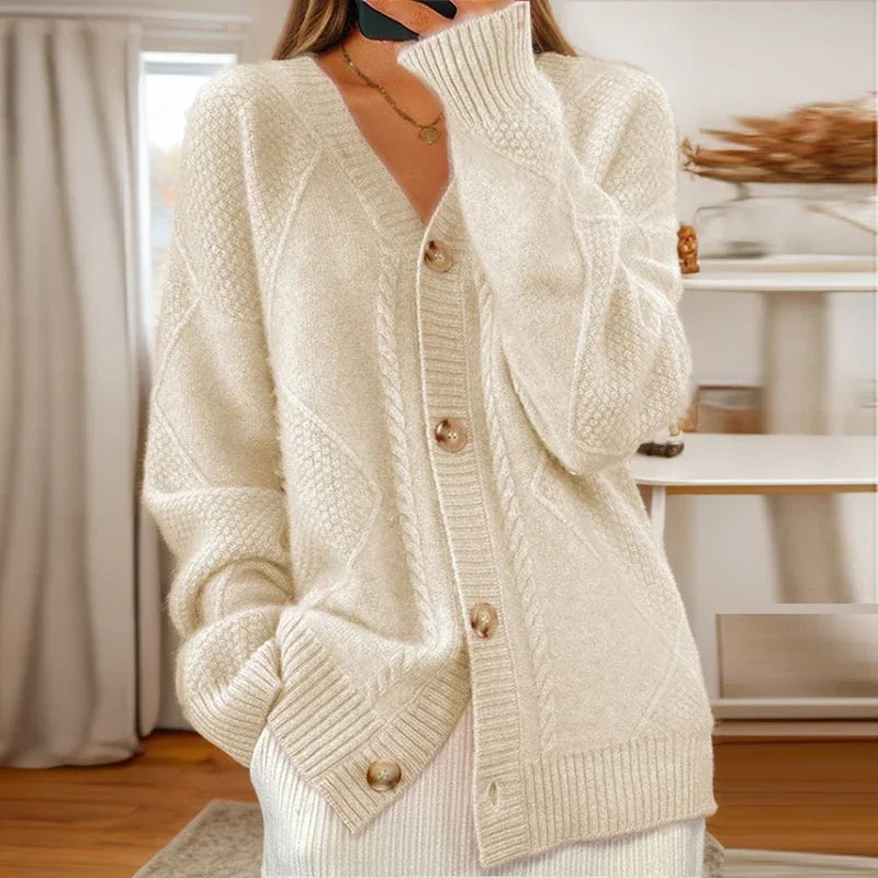 Cable Knit Button-Front Cardigan – V-Neck Relaxed Fit Long Sleeve