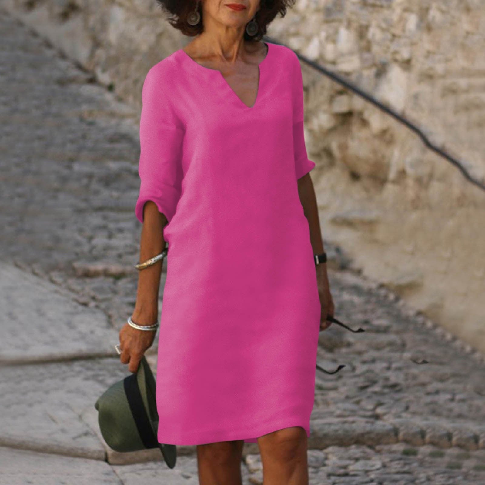Women's V-Neck Short Sleeve Cotton Midi Dress – Casual Everyday Summer Dress