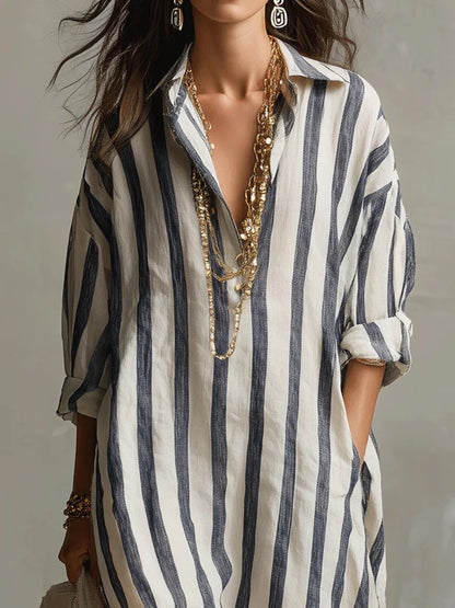 Striped Linen Maxi Shirt Dress – Loose Fit Long Sleeve Casual