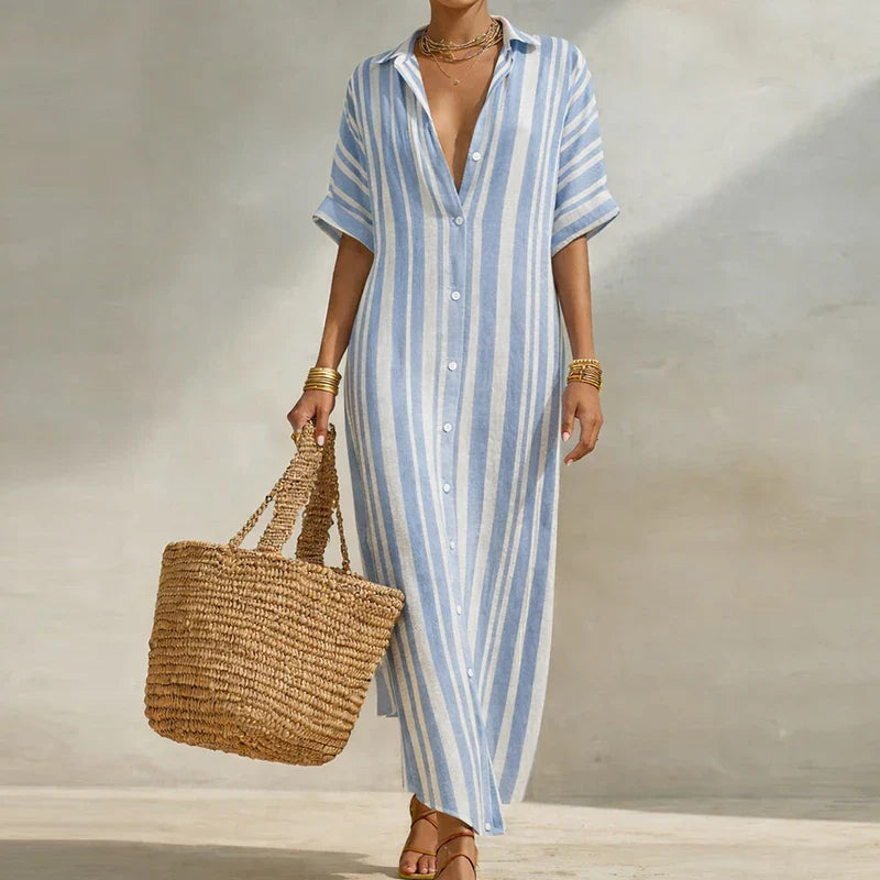 Striped Linen Blend Maxi Shirt Dress – Loose Button-Front Summer Dress
