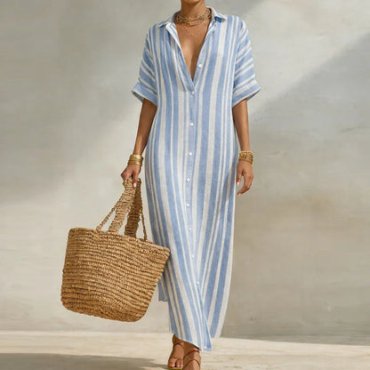 Striped Linen Blend Maxi Shirt Dress – Loose Button-Front Summer Dress